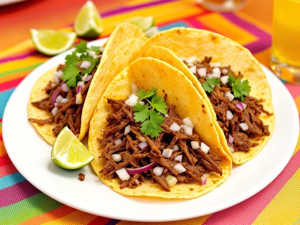 Flavorful Easy Crock Pot Street Tacos Recipe A plate of street tacos filled with shredded beef, garnished with cilantro and onions, alongside lime wedges.